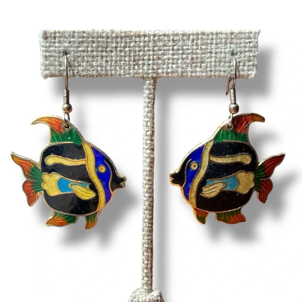 Vintage Cloisonné Colorful Tropical Fish Hook Earrings